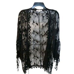 Black Lace Eyelet Gauze Tie Tassle Sheer Coverup Nylon Premier Medium Top Goth